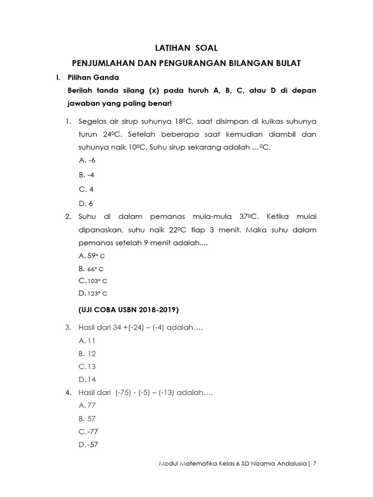 Soal Bilangan Bulat Kelas 5 SD | PDF