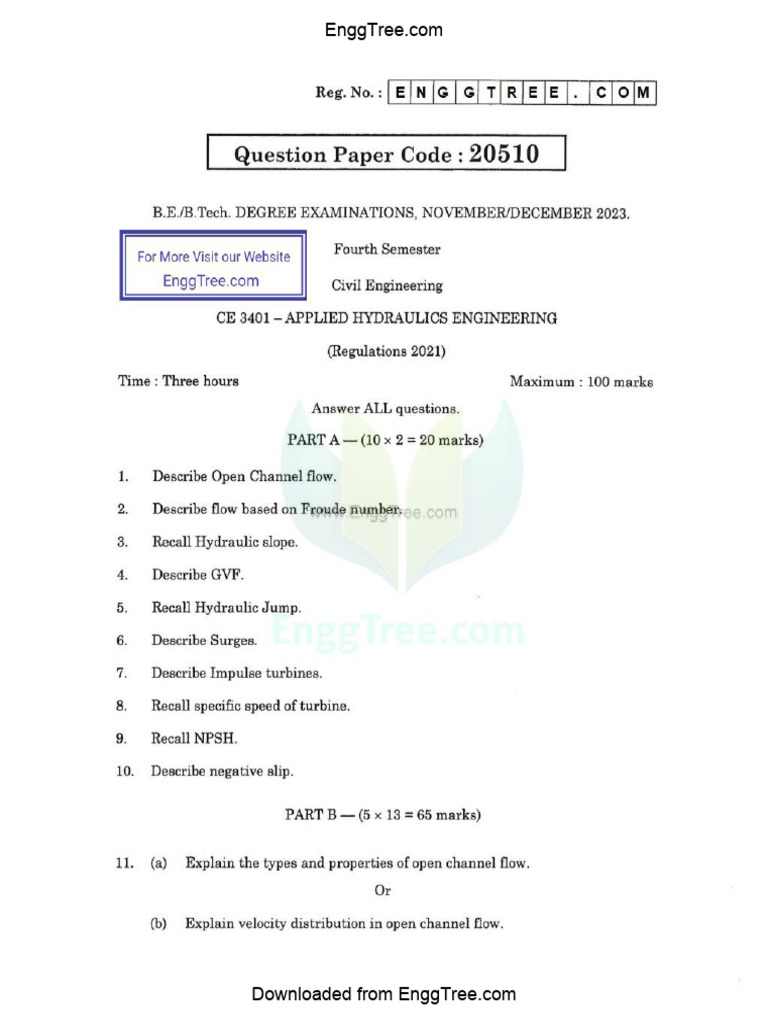CE3401 Applied Hydraulics Engineering Nov Dec 2023 Question Paper ...