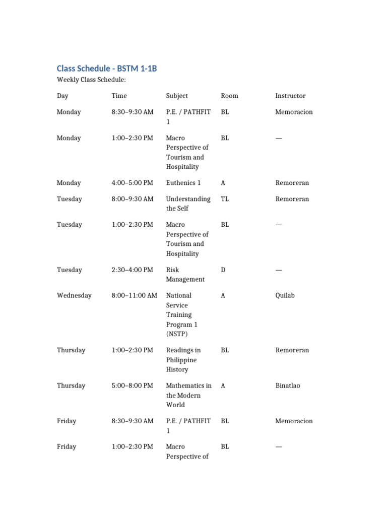BSTM 1-1B Class Schedule | PDF
