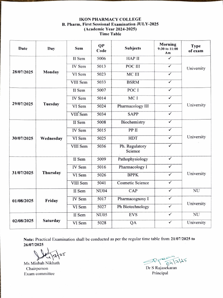 B. Pharm 1st Sem Exam Schedule 2025 | PDF | Pharmaceutical Sciences ...