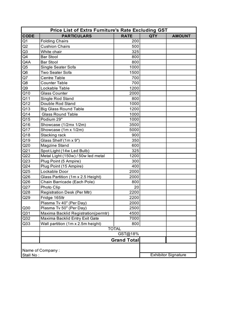 Giftex 2025 Extra Furniture Price List | PDF