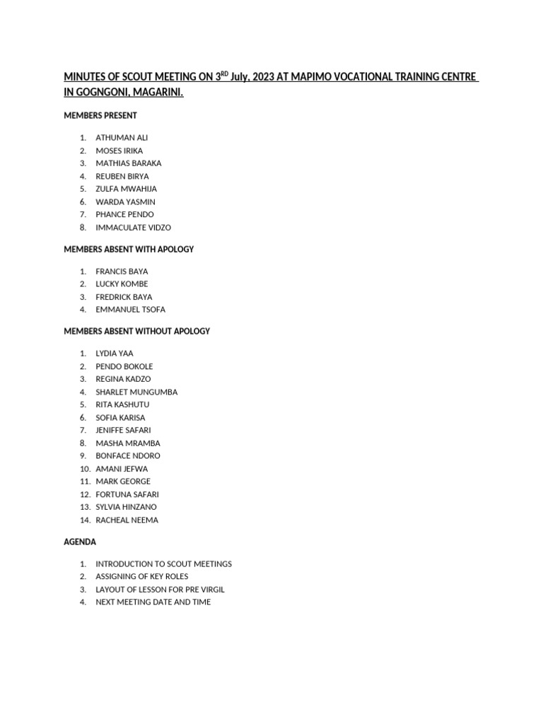 MINUTES OF SCOUT MEETING ON 3RD July | PDF