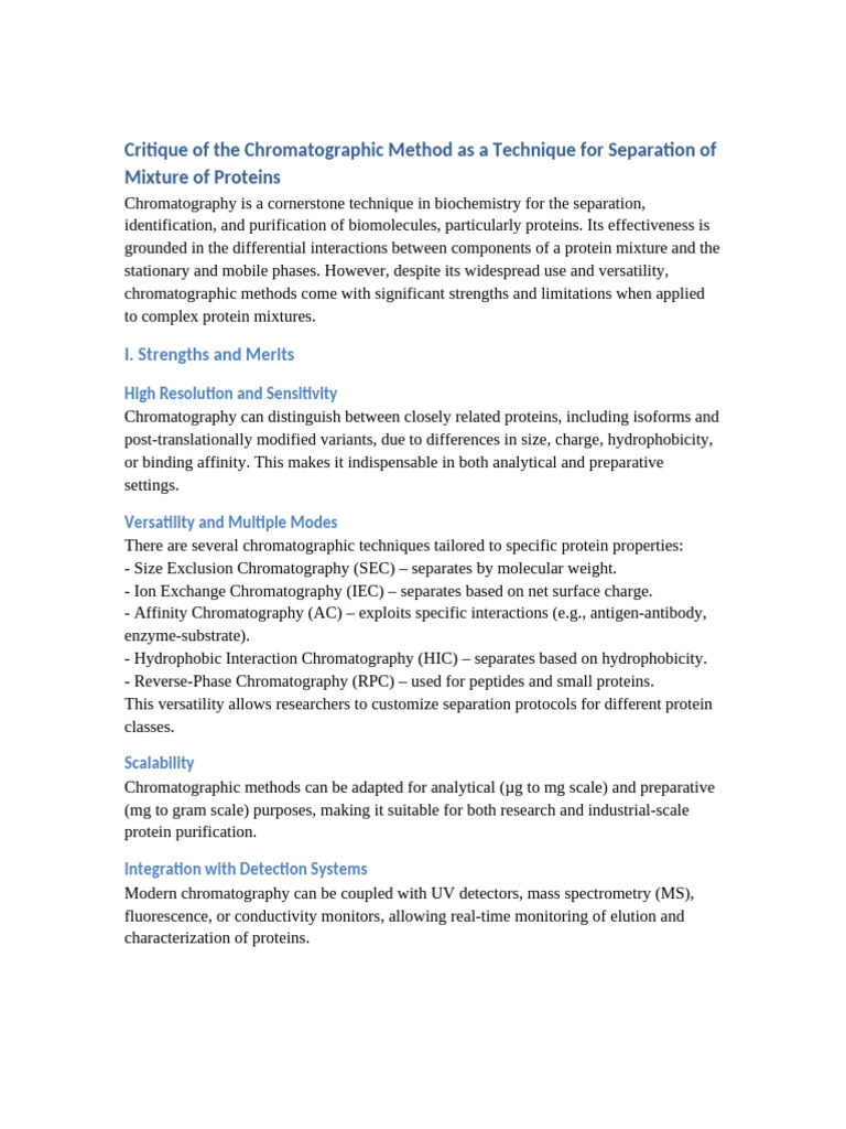 COMPLETE Critique of Chromatographic Method For Protein Separation ...