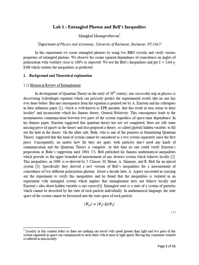 Mongkol - Entangled Photon and Bell's Inequalites | PDF | Quantum ...
