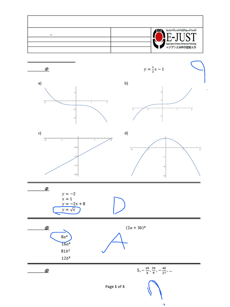 Egypt-Japan University Math Exam Sample | PDF | Function (Mathematics ...