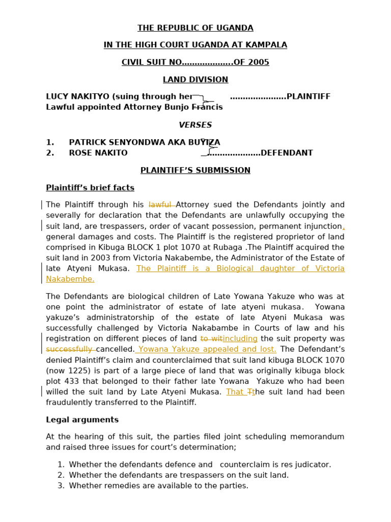 Uganda High Court Land Dispute Case | PDF | Lawsuit | Res Judicata