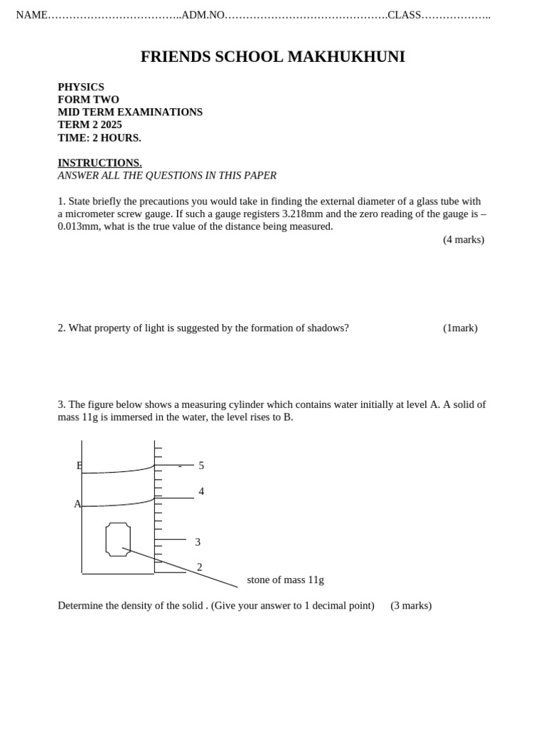 Form Two Physics Mid-Term Exam 2025 | PDF | Electric Current | Thermometer