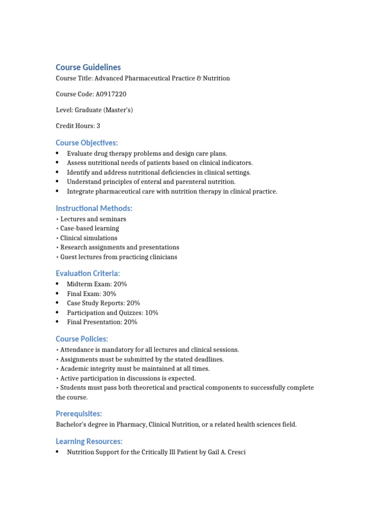 Advanced Pharmaceutical Practice Nutrition Guidelines-1 | PDF