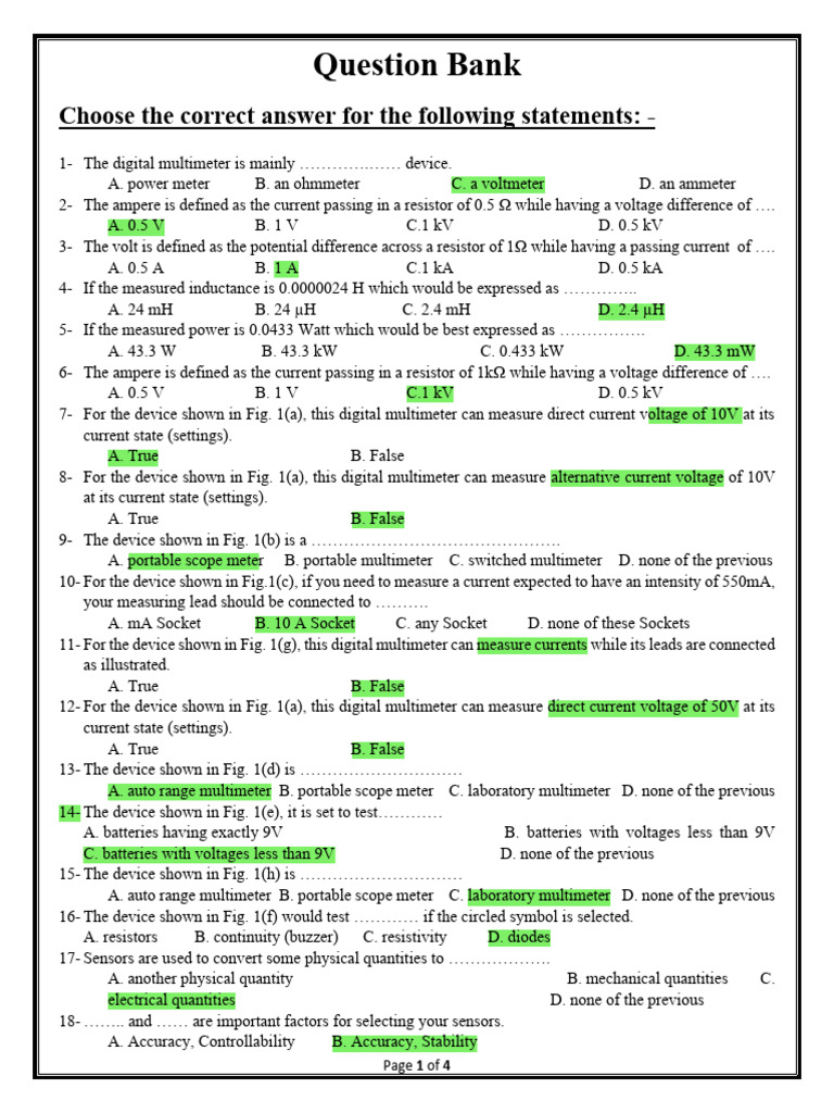 Digital Multimeter and Sensor Quiz | PDF | Volt | Voltage