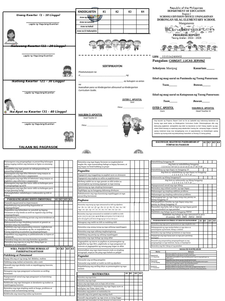 Kinder Progress Report Card Tagalog 2024 | PDF