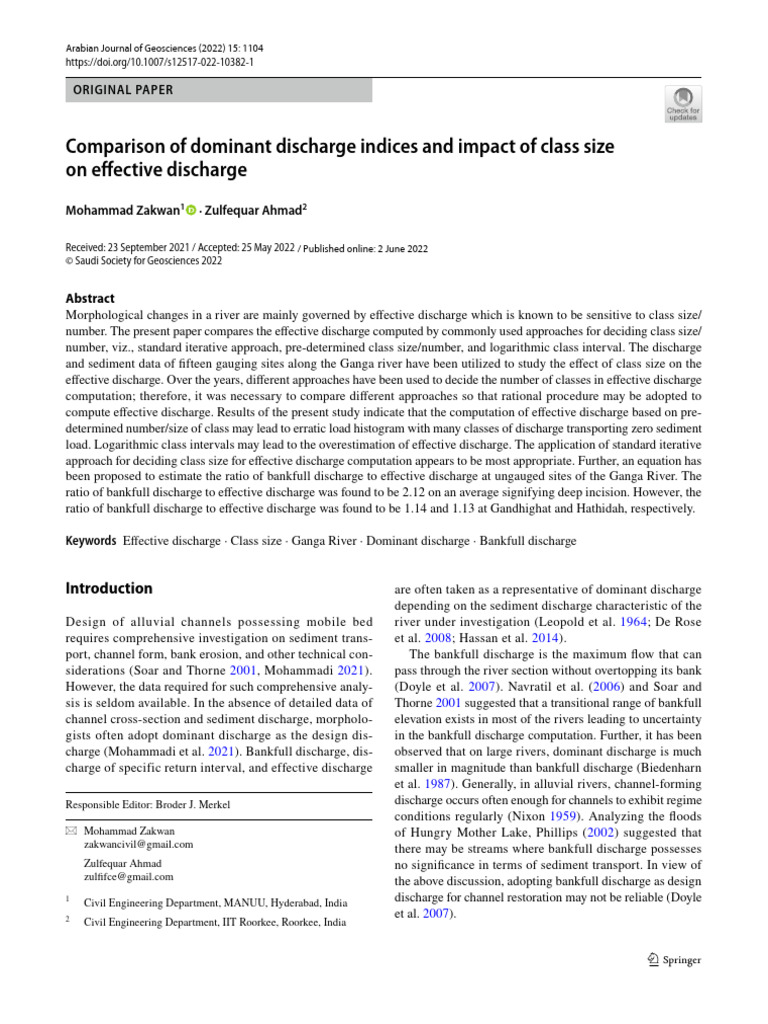 Comparison of Dominant Discharge Indices and Impact of Class Size On ...