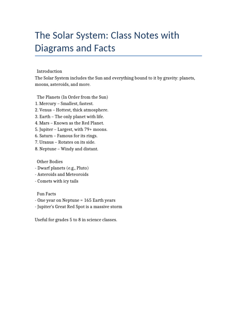 The Solar System Class Notes With Diagrams and Facts | PDF