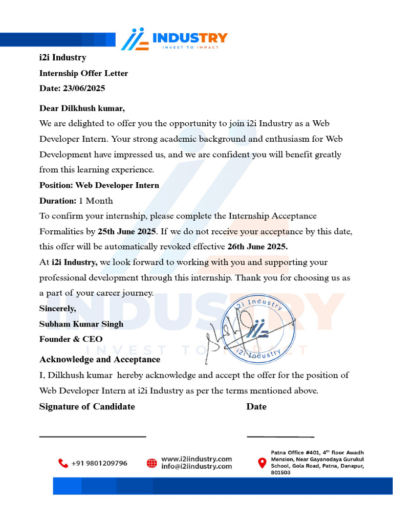 i2i Industry Web Developer Internship Offer | PDF