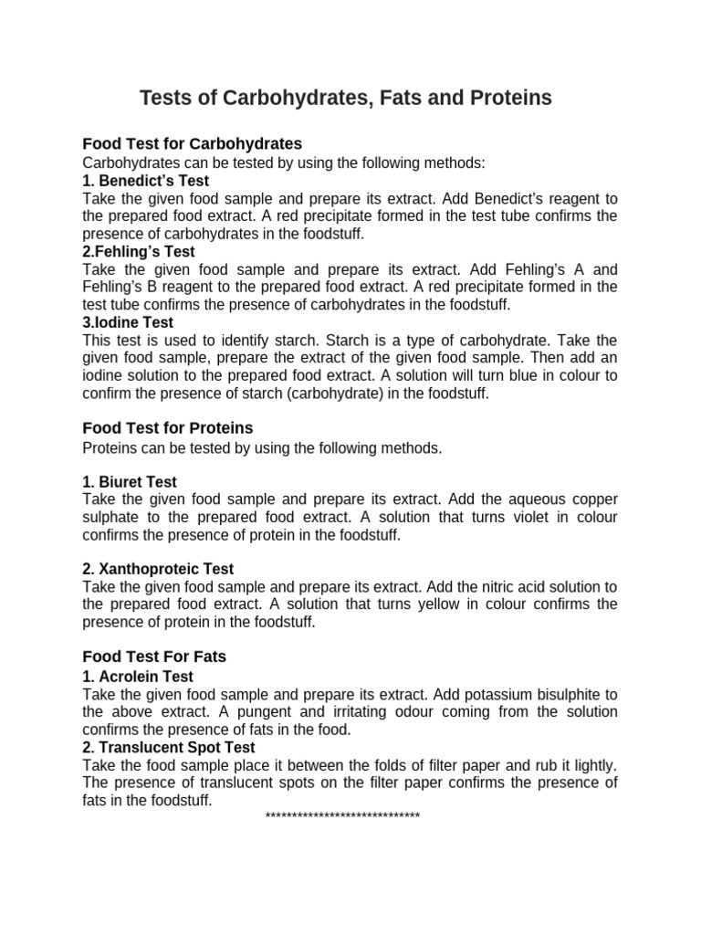 Tests for Carbohydrates, Fats, Proteins | PDF
