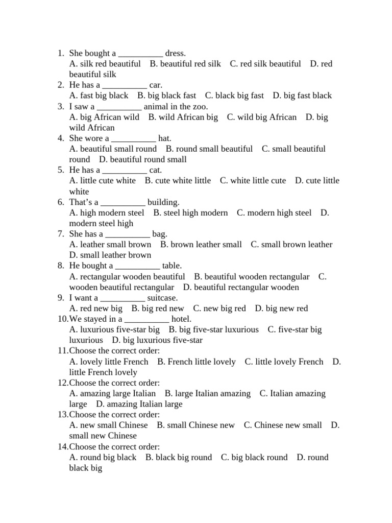 Fashion Adjective Order Exercises | PDF | Clothing | Fashion