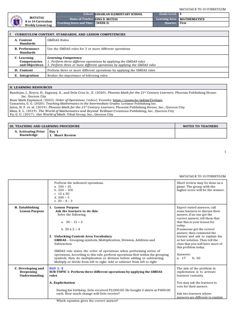 GMDAS Lesson Plan for Grade 5 Math | PDF | Bracket | Curriculum