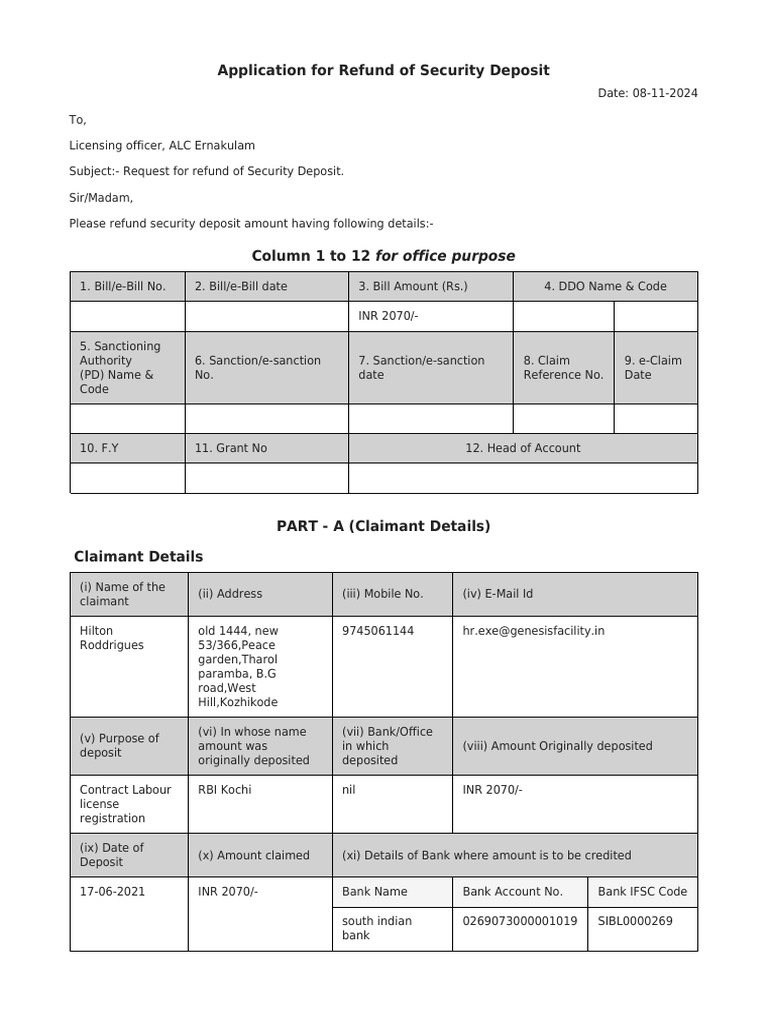 Security Deposit Refund Application | PDF