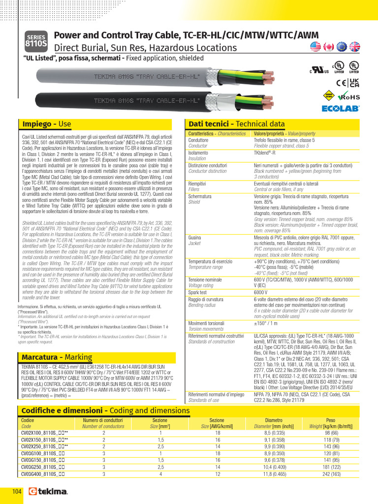 Tekima TC-ER-HL Cable Specifications | PDF | Electrical Engineering | Wire