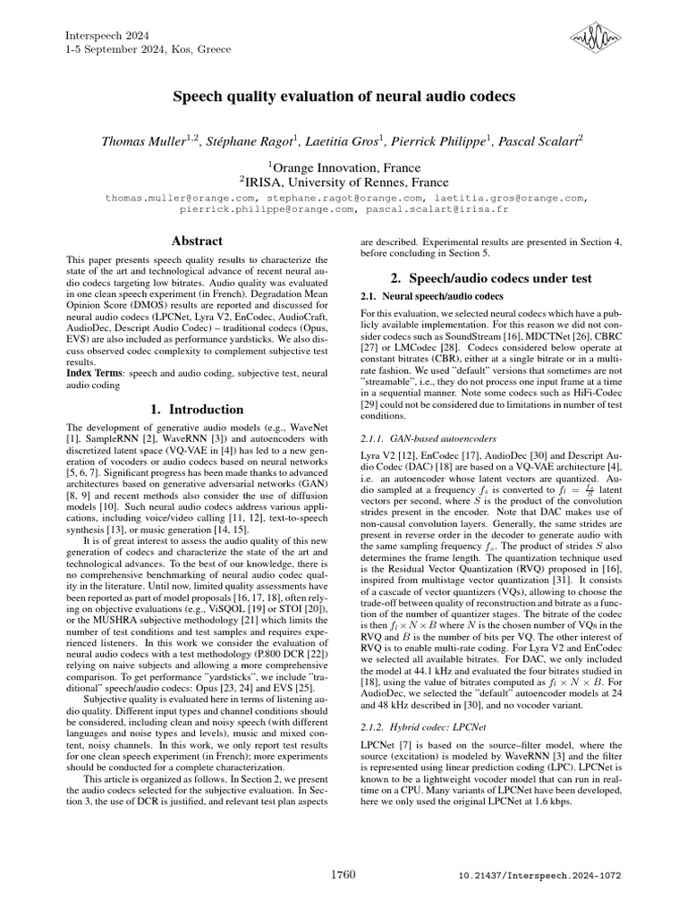 Speech Quality Evaluation of Neural Audio Codecs - 24c - Interspeech ...