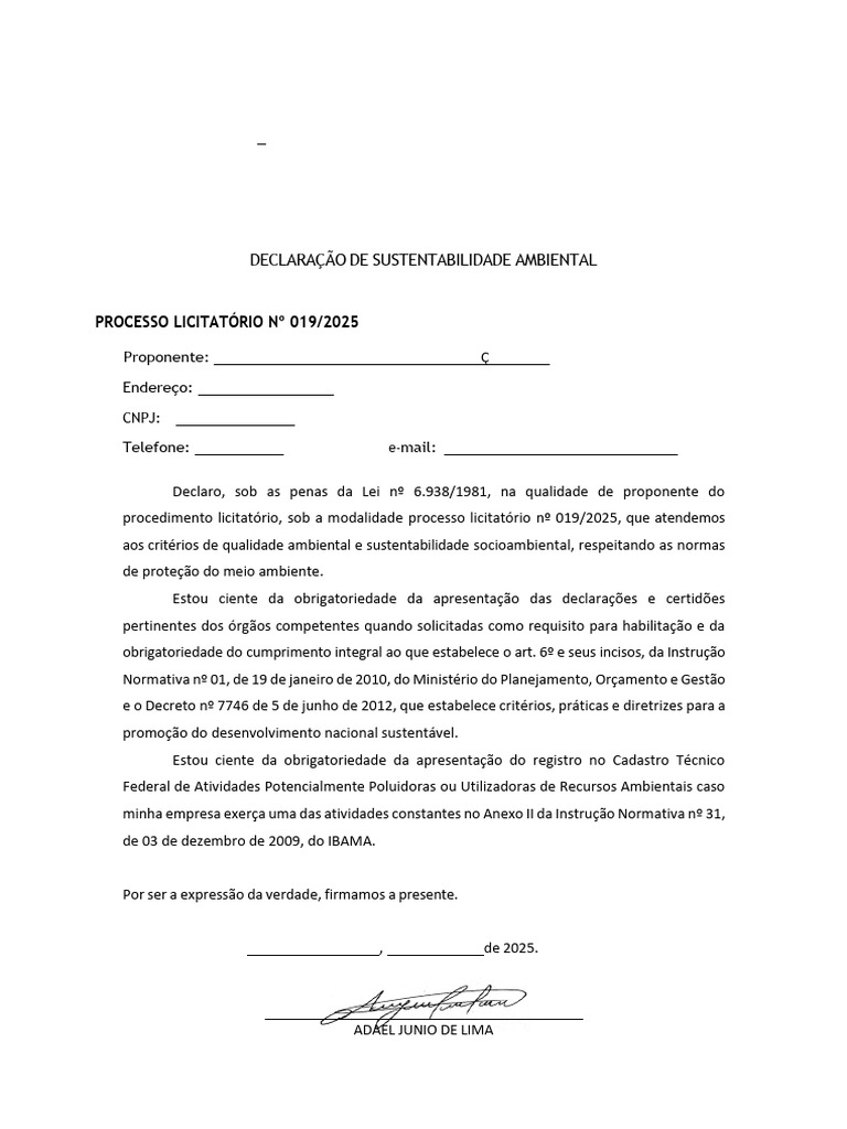 Declaração de Sustentabilidade Ambiental | PDF