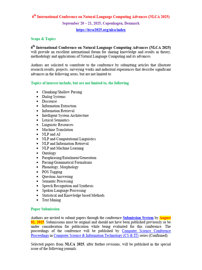 Call For Papers - 6th International Conference On Natural Language ...