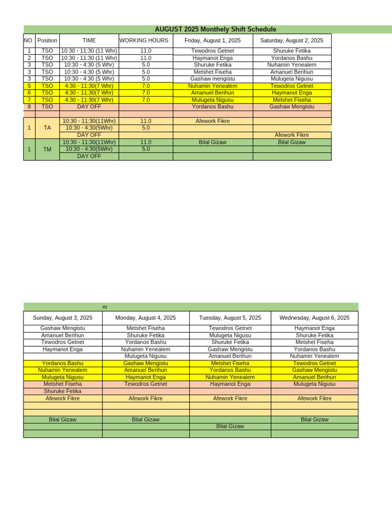 August 2025 Shift Schedule Overview | PDF