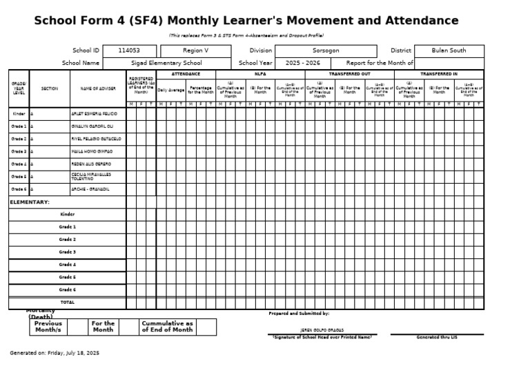 Monthly Attendance Report SF4 2025-2026 | PDF