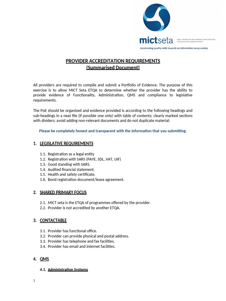 Mict Provider Accreditation Requirements - Summary 2012 | PDF