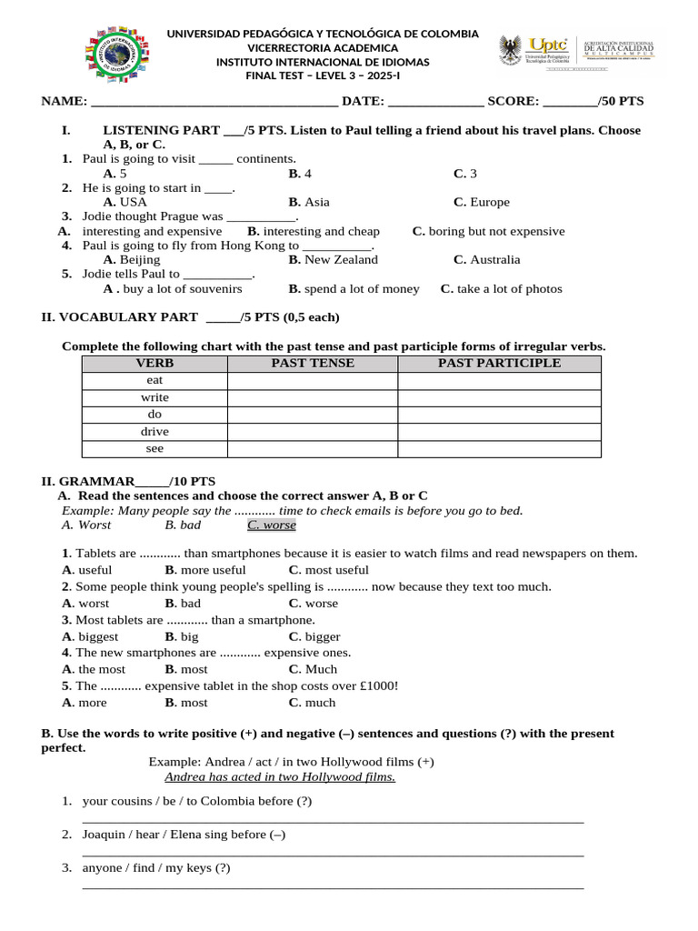 Final Test - Level 3 - 2025-I | PDF | Languages | Foreign Language Studies