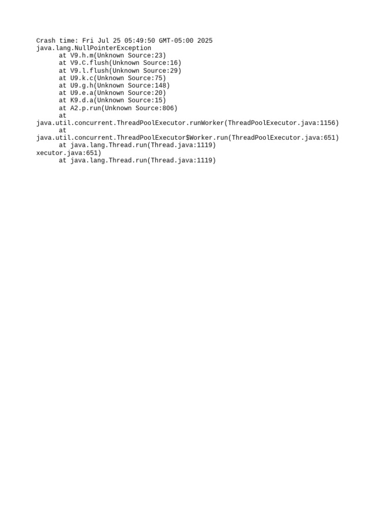 Java NullPointerException Crash Log | PDF