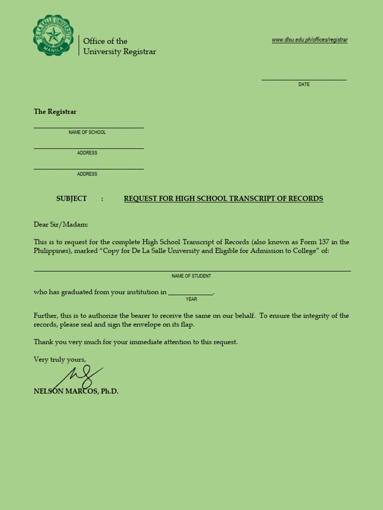 Request for High School Transcript (Form 137) | PDF
