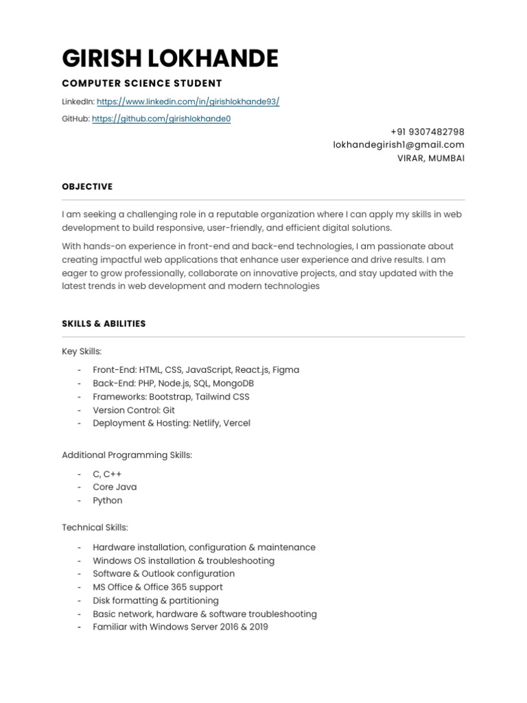 Web Developer Profile: Skills & Experience | PDF | Web Development ...