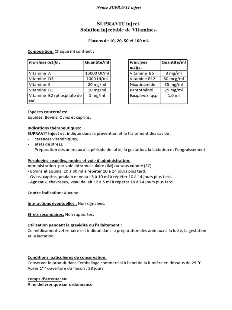 Supravit Injectable : Vitamines pour Animaux | PDF