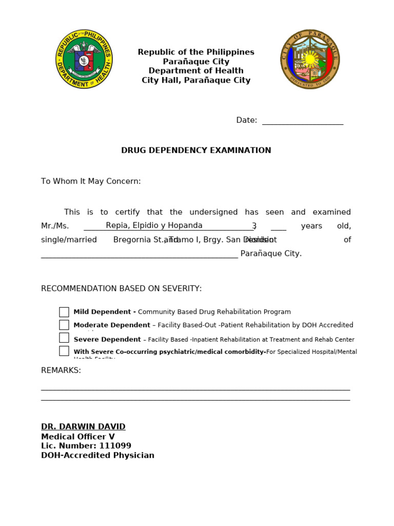 Drug Dependency Examination Certification | PDF