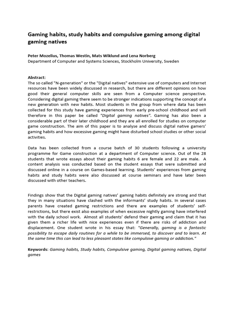 Gaming Habits, Study Habits and Compulsive Gaming Among Digital Gaming ...