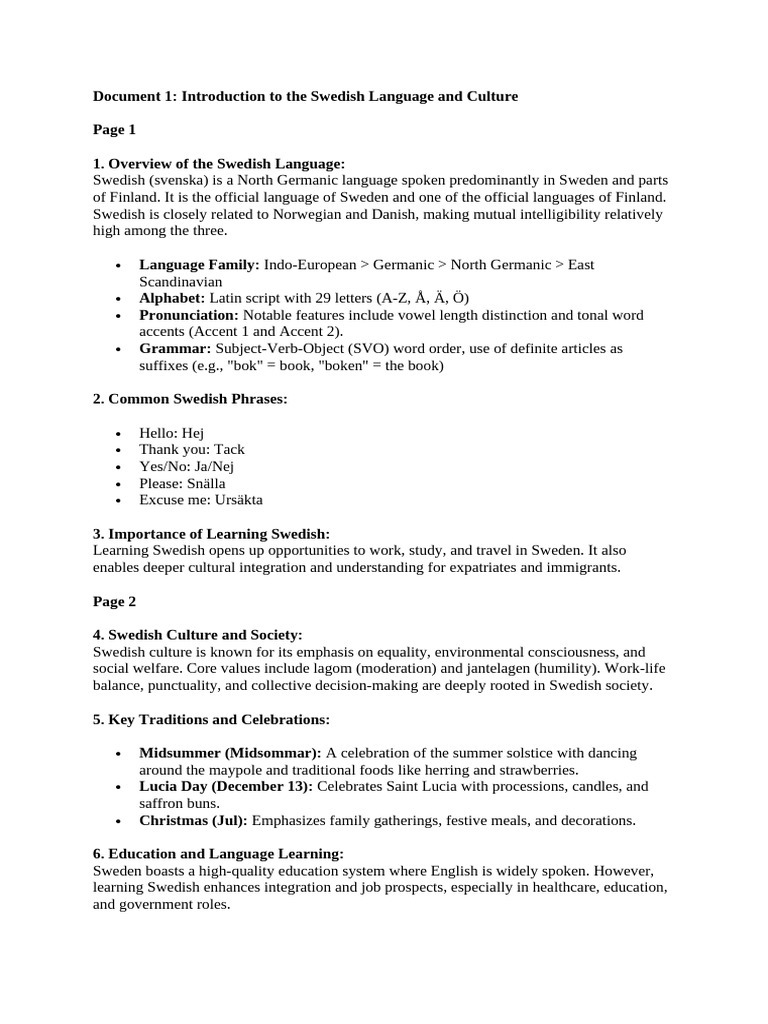 Introduction to Swedish Language & Culture | PDF