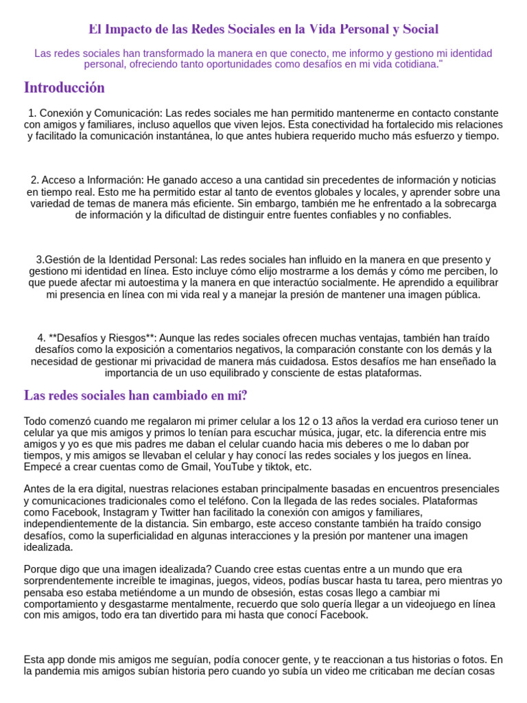 Impacto de Redes Sociales en la Vida Personal | PDF | Redes sociales ...
