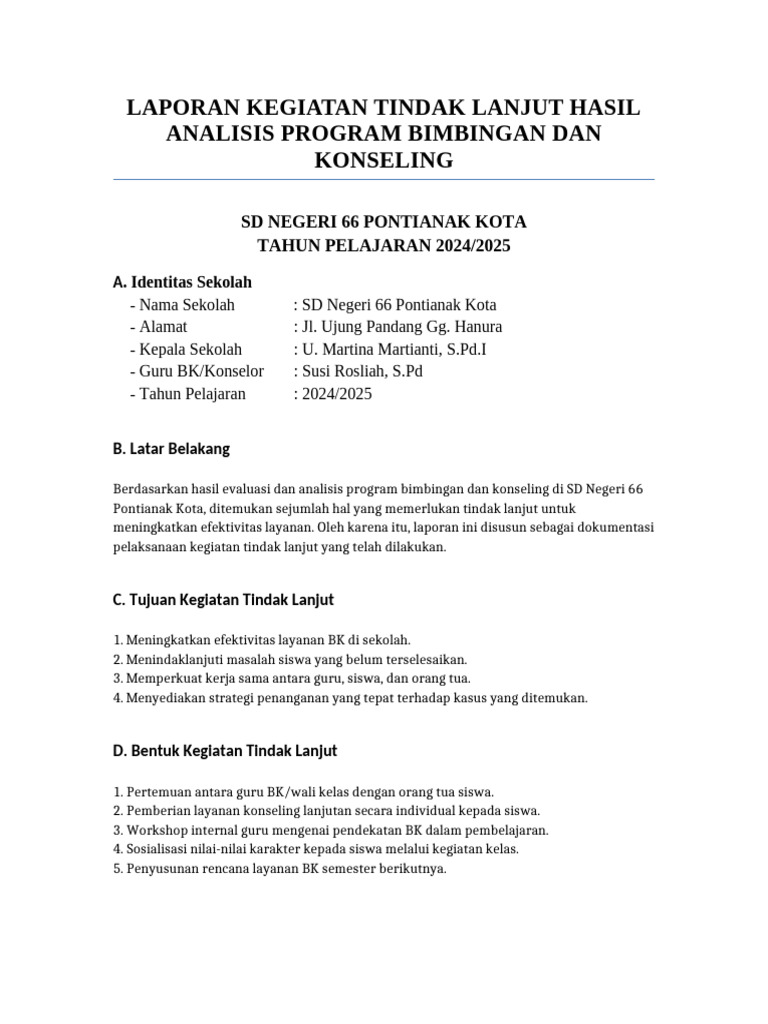 Tindak Lanjut Program BK SD 66 Pontianak | PDF