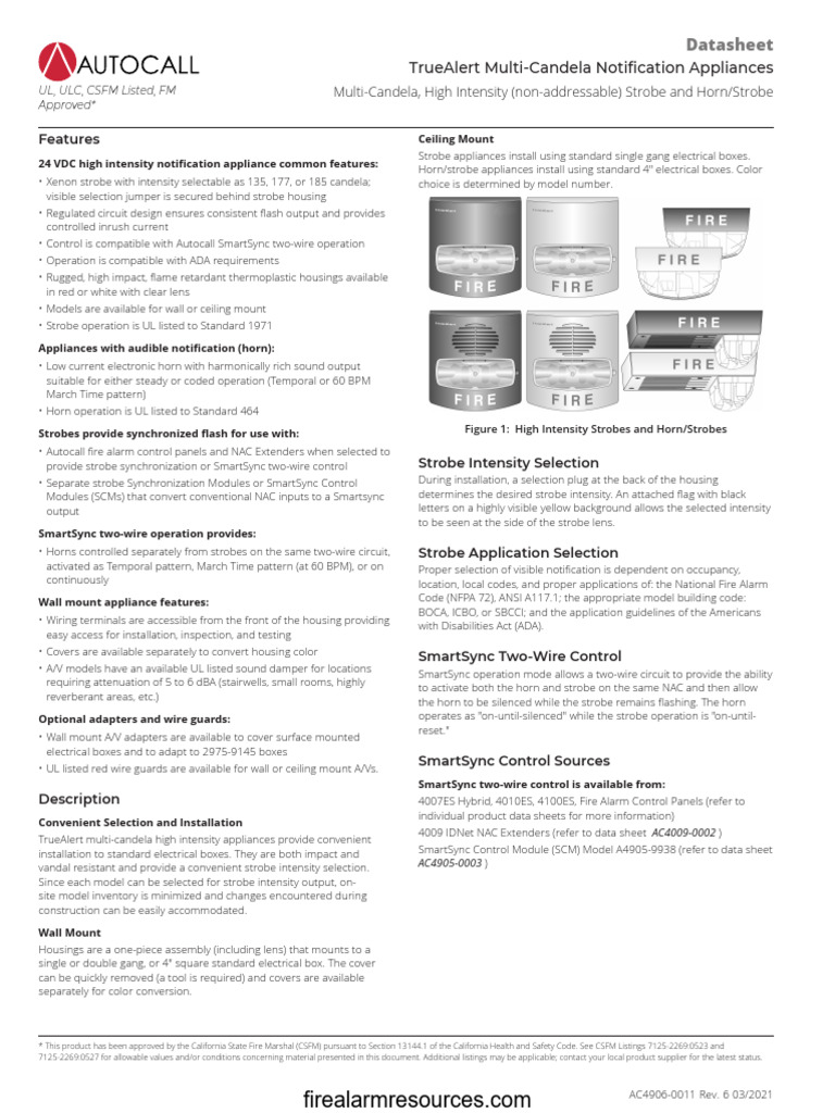 Autocall High Intensity Notification Devices | PDF | Decibel | Electricity