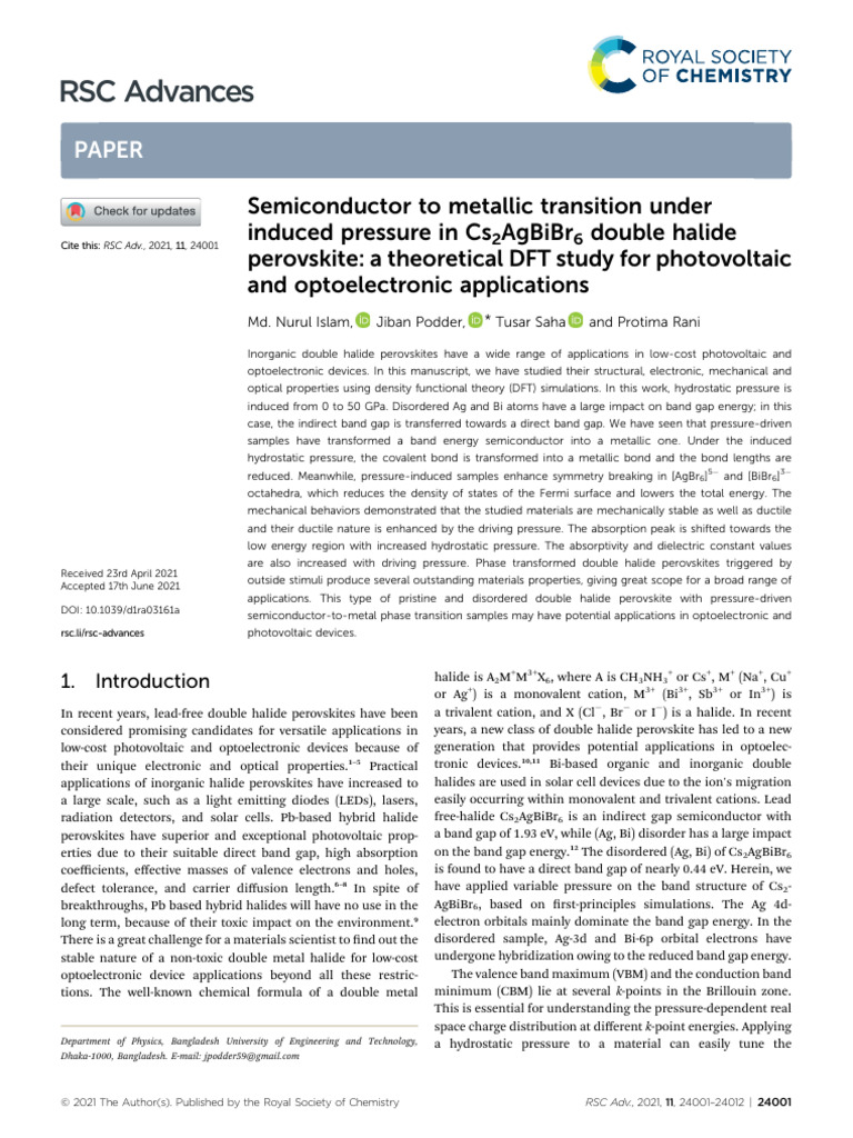 Semiconductor To Metallic Transition Under Induced | PDF | Band Gap ...
