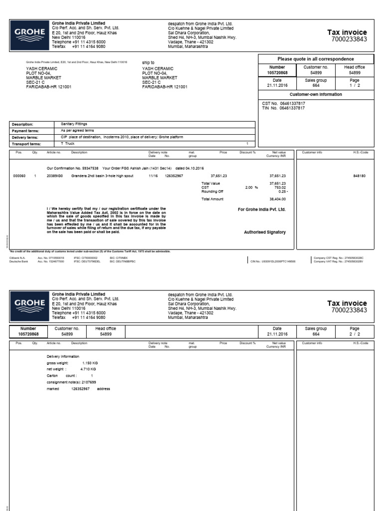 GROHE 20161121 Invoice 105720868 | PDF | Invoice | Payments