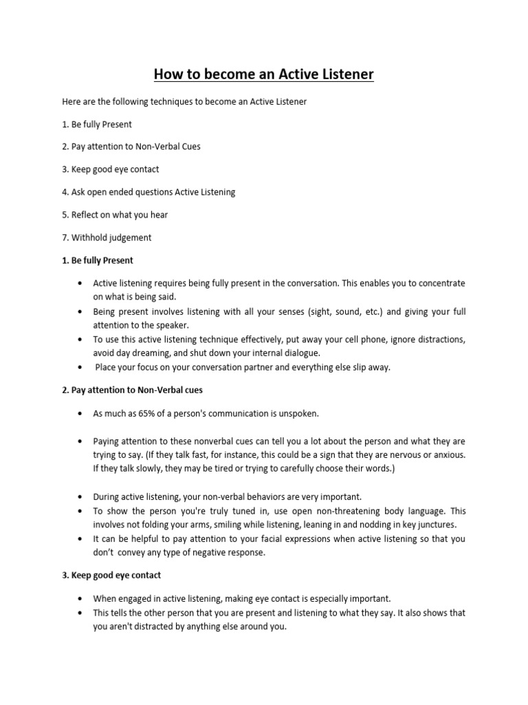Techniques for Active Listening | PDF | Nonverbal Communication | Body ...