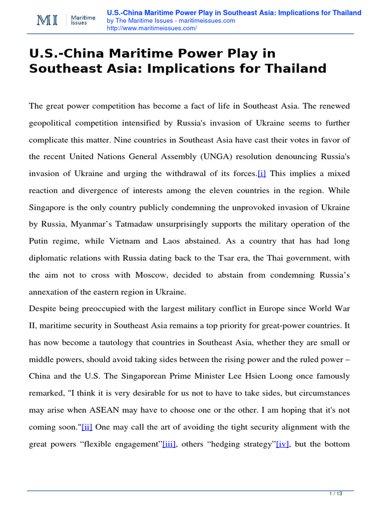 U S China Maritime Power Play in Southea | PDF | Thailand | Southeast Asia