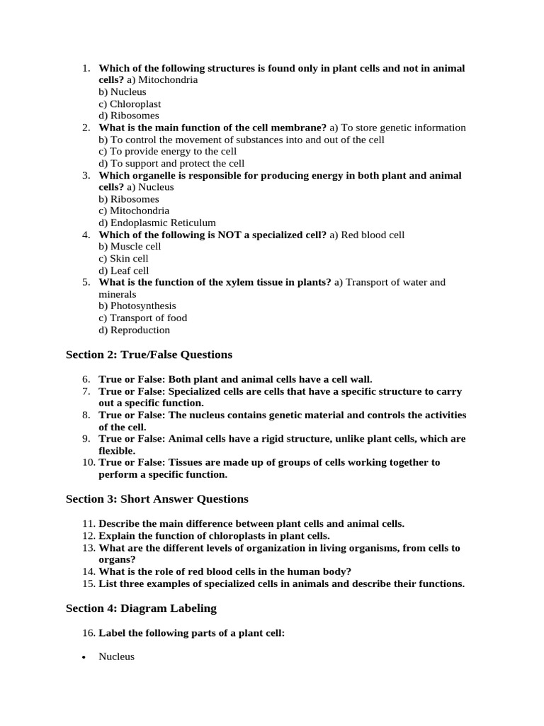 Plant and Animal Cells Quiz IGCSE | PDF | Cell (Biology) | Tissue (Biology)