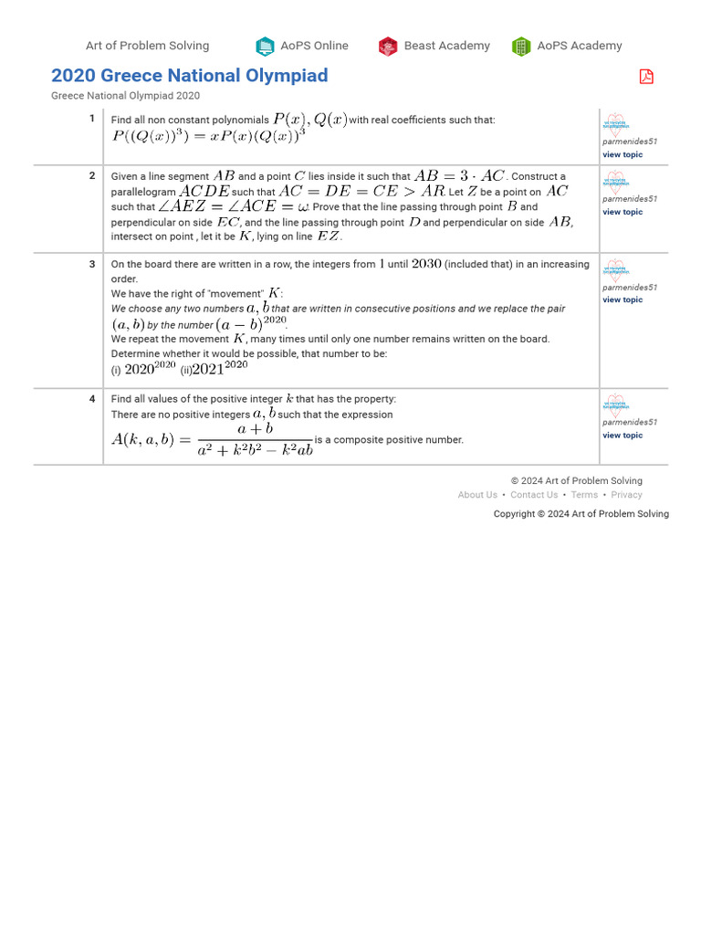 Greece National Olympiad 2020 Problems | PDF | Mathematical Objects ...