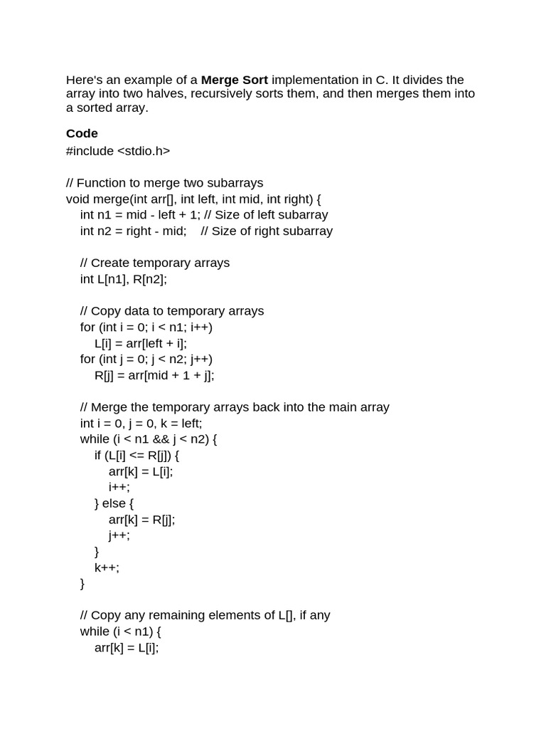 Merge Sort Implementation in C | PDF | Computer Programming ...