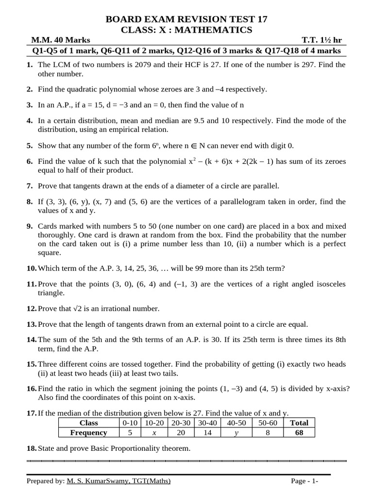 Class X Mathematics Board Exam Test 17 | PDF | Triangle | Geometry