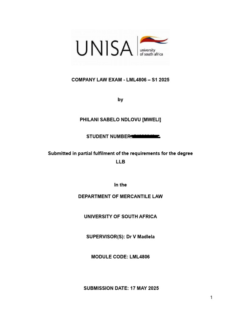Company Law Exam - LML4806 S1 2025 | PDF | Board Of Directors | Insider ...
