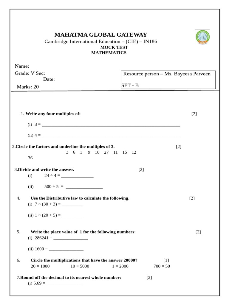 g5 Maths Unit Test - 1 Mock Question (Set B) | PDF | Chess | Chess Theory