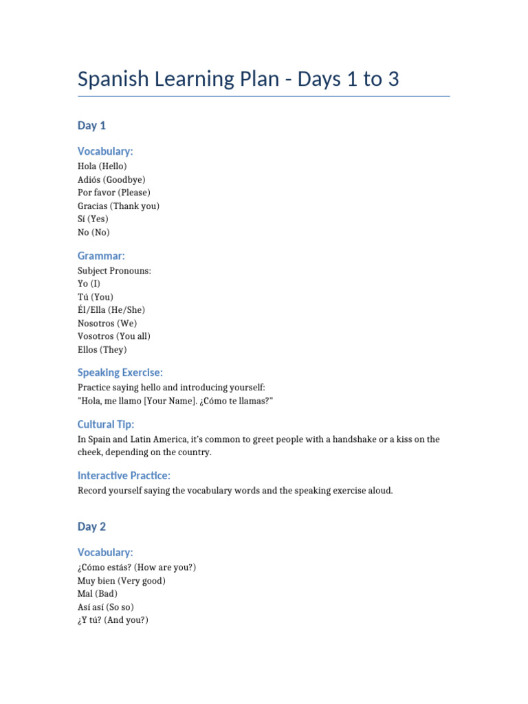 Spanish Learning Plan: Days 1-3 | PDF